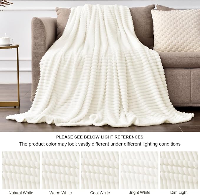 BEDELITE 3D Ribbed Jacquard Cream King Size Blankets for Bed, 108x90 Inch | Soft Warm Decorative Fluffy Blanket, Cozy Fuzzy Lightweight Plush Fleece Throw Blankets for Bed, Room Decor, Gift for Women