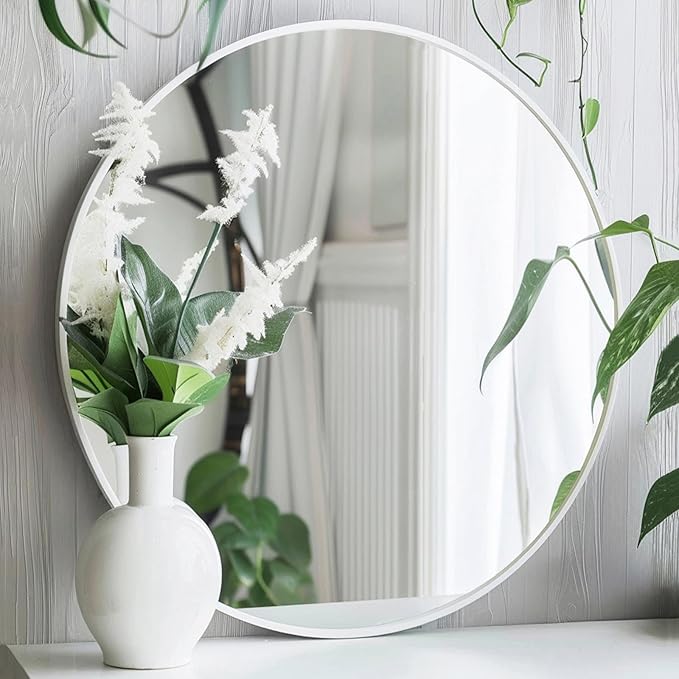 Round Mirror 38 inch, White Circle Mirror, Matte White Metal Frame | Matte White Metal Frame, High Definition, Waterproof, Easy Installation, Suitable for Dressing Room, Cloakroom, Bedroom,