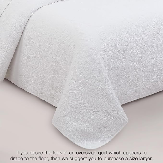 Cozy Line Home Fashions White 100% Cotton Quilt Set King | 3-Piece, Quilted Botanical Stitch Bedspread with Shams, Elegant, All Season Bedding