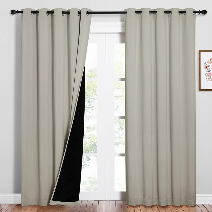 NICETOWN Natural Blackout Curtains for Nursery 62" Wide x 84" Long 2 Panels | 100% Room Darkening Cold Full Light Blocking Drapes with Black Liner for Bedroom, Thermal Insulated Draperies Window Decor