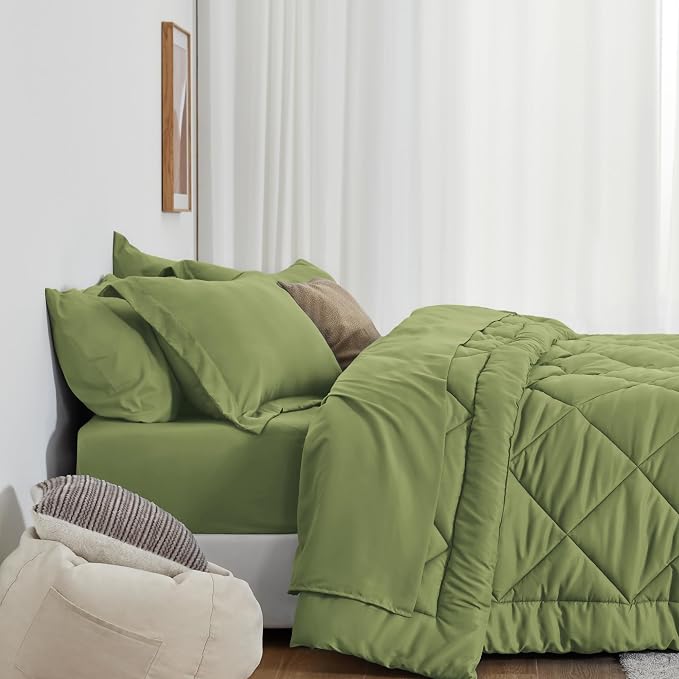 Love's cabin Twin Comforter Set Olive Green, 5 Pieces Twin Bed in a Bag, All Season Bedding Sets with 1 Comforter, 1 Flat Sheet, 1 Fitted Sheet, 1 Pillowcase and 1 Pillow Sham