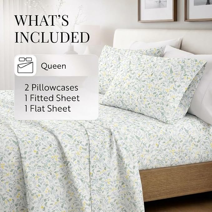 Linen Market Patterned Microfiber Queen Sheet Set 4 Piece – Oeko-TEX Certified Ultra Soft & Wrinkle-Free - 16" Deep Pocket Sheets - Easy Care Queen Size - Wildflower Light Blue