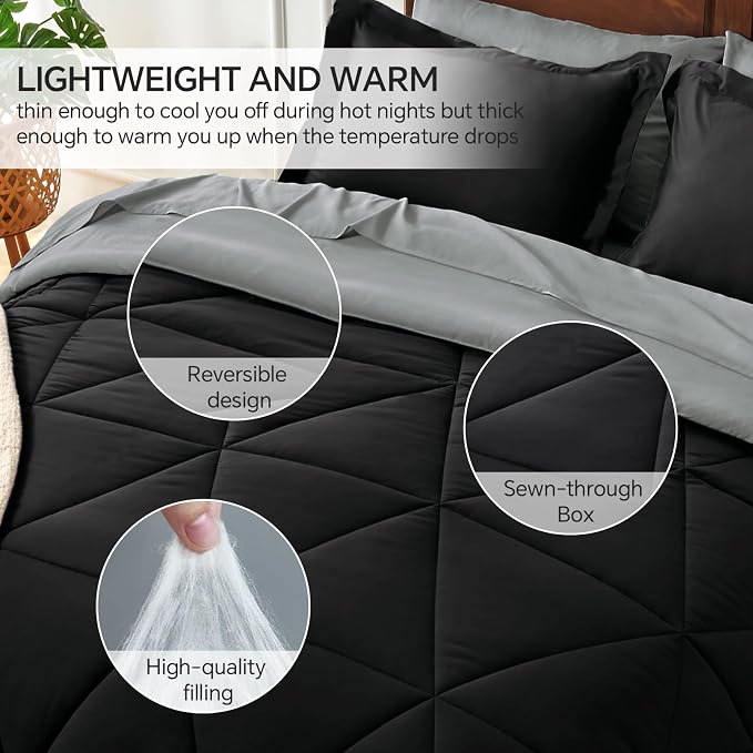 BEDELITE Queen Comforter Set 7 Pieces, Reversible Black Bed in A Bag | Soft All Season Down-Alternative Comforter, Sheets, Pillowcases & Shams, OEKO-TEX Certified Bedding for Bedrrom, Guest Room