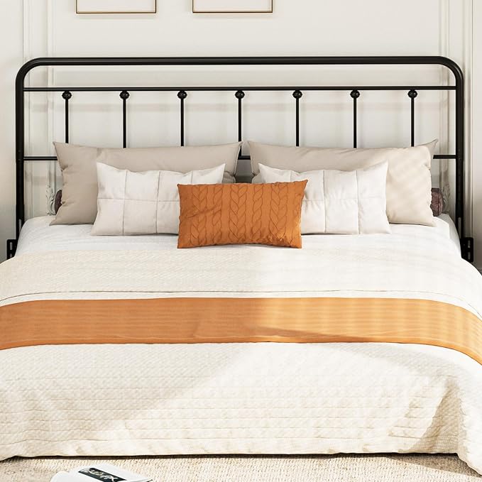 Victorian Metal King Size Headboard Only, Black | 34"-44.6" Adjustable Height, Steel King Head Board with Bed Frame Brackets Adapter, Easy Assembly, Farmhouse Vintage Style