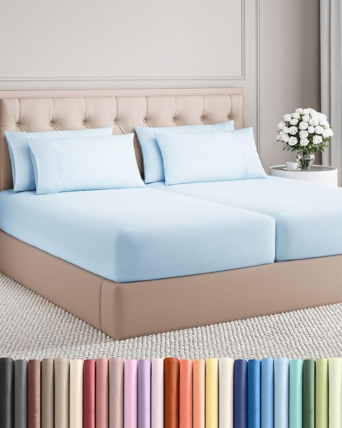 Split King 7 Piece Bed Sheet Set - Comfy, Breathable & Cooling - Baby Blue | Ultra-Soft Hotel Luxury Bedding Set w/ 8-16 Inch Deep Pockets, 1 Flat & 2 Fitted Sheet & 4 Pillowcases, Wrinkle & Fade Free