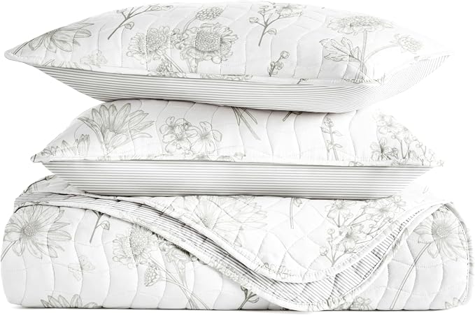 Merit Linens 3 Piece Quilt Set - Super Soft - Lightweight - All Season Quilted Coverlet - Floral Patterns - Full/Queen Light Gray