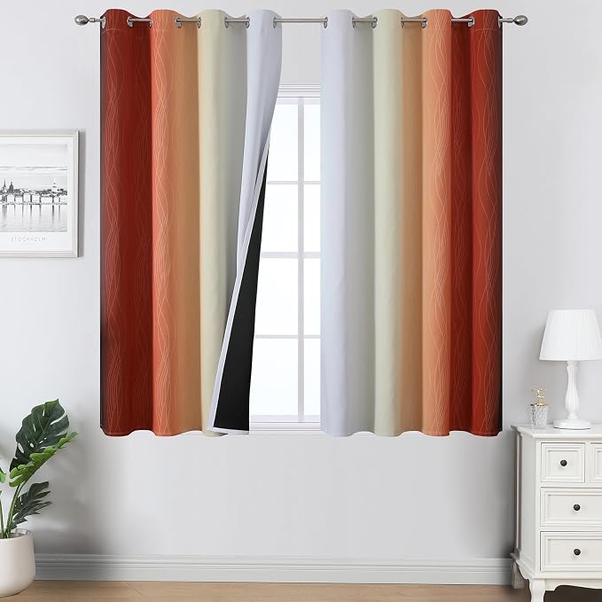 Burnt Orange and Greyish White Ombre Blackout Curtains 52Wx45L Inch Long | Light Blocking Short Window Curtains,Energy Saving,Thermal Insulated,Room Darkening Grommet Drapes for Bedroom,2 Panels