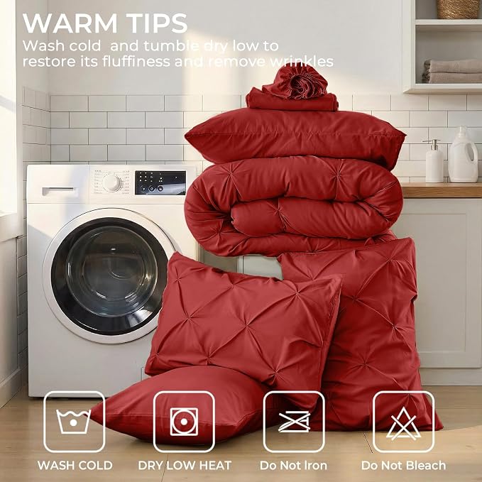Sasttie Full Size Comforter Set, 7-Piece Bed in a Bag Double, Pintuck Bedding Set for All Season, Includes Comforter, Flat Sheet, Fitted Sheet, Pillowcases and Pillowshams, Red