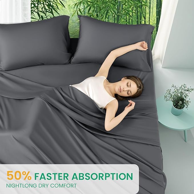 SONORO KATE 100% Viscose Derived from Bamboo_Sheets Queen Size,4PC | Cooling Bed Sheets for Hot Sleepers,Soft Breathable & Silky,16" Deep Pocket,Luxury Hotel Bedding,Dark Grey
