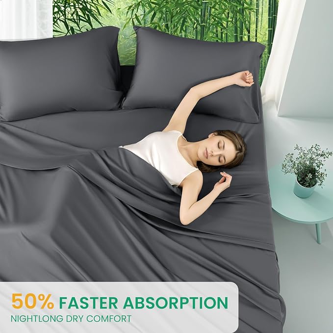 SONORO KATE 100% Viscose Derived from Bamboo_Sheets King Size,4PC | Cooling Bed Sheets for Hot Sleepers,Soft Breathable & Silky,16" Deep Pocket,Luxury Hotel Bedding,Dark Grey