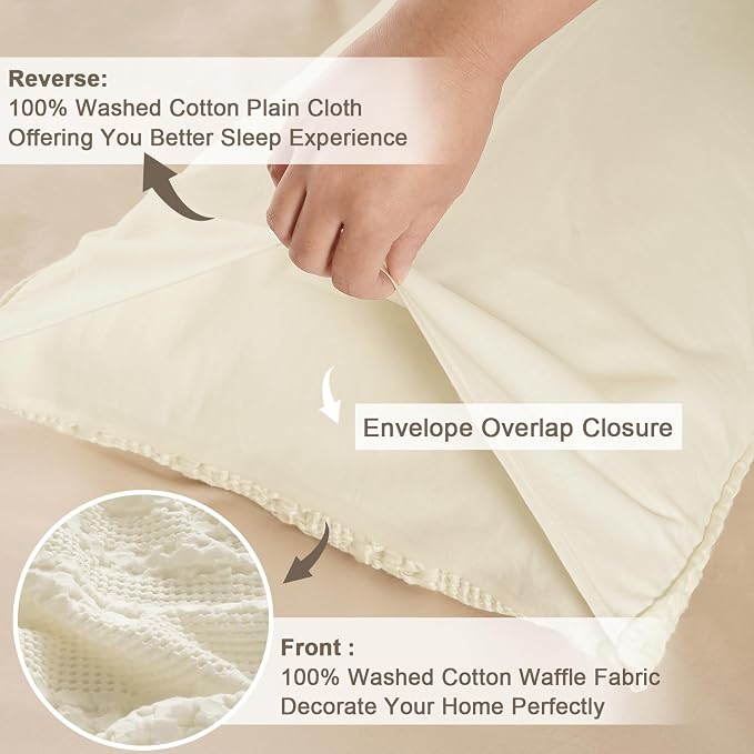 PHF Waffle Weave Pillow Shams Queen Size, 2 Pack 100% Cotton Pillowcases 20" x 30", No Insert, Soft & Breathable Aesthetic Woven Pillow Case Covers for Bedroom Decor, Canmoli Cream