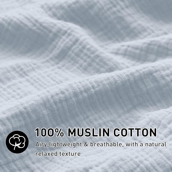 EMME Muslin Cotton Duvet Cover Set Blue Twin Size Linen Like Soft Breathable Lightweight Summer Comforter Cover Set with Zipper Closure (Blue, Twin, 68"x90")