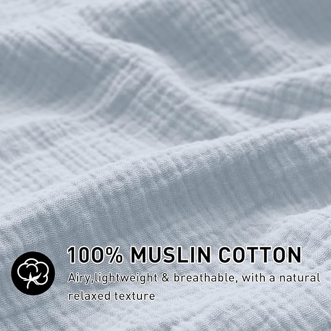 EMME Muslin Cotton Duvet Cover Set Queen Size Linen Like Soft Breathable Lightweight Summer Comforter Cover Set with Zipper Closure (Blue, Queen, 90"x90")