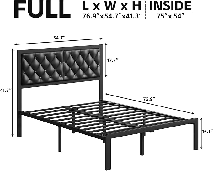 Fluest Full Bed Frame with Headboard PU Leather Upholstered Bed Frame Platform,All Metal Slats Support Platform Bed Frame with Storage Space,Easy Assembly,Noise Free,No Box Spring Needed,Black