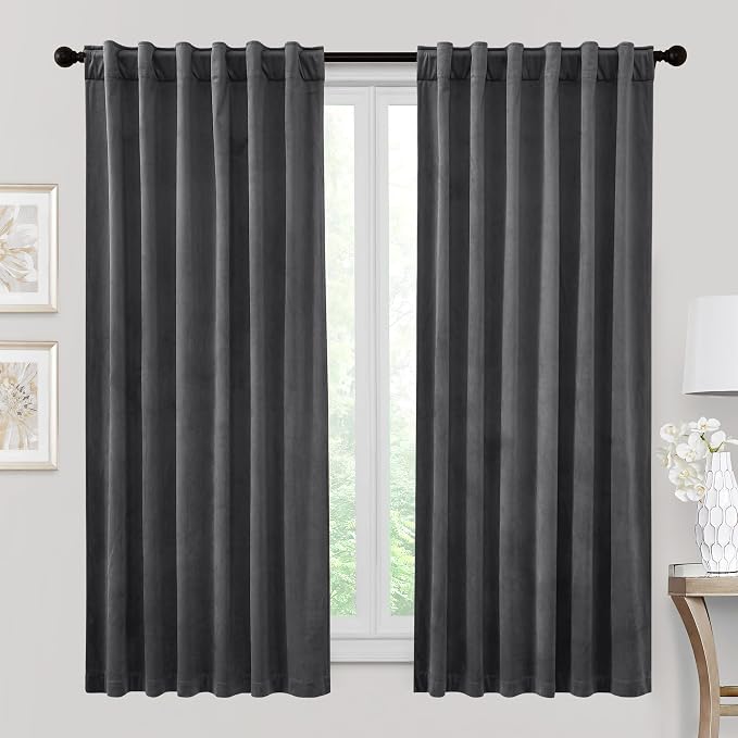 RYB HOME Velvet Room Darkening Curtains for Living Room 72 inches Long | Thermal Insulated, Privacy UV Heat Blocking, Noise Reducing, Drapes for Kids Room Sunroom, W52 x L72, Grey, 2 Panels
