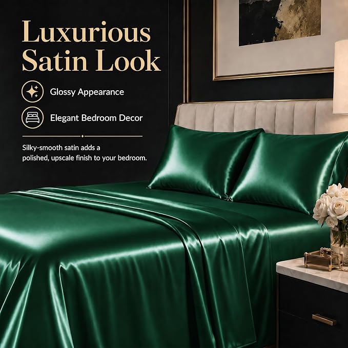 CozyLux Satin Sheets Full, 4-Piece 14-Inch Deep Pocket Sheet Set | OEKO-TEX Certified Silky Soft Sheet Set for Hair & Skin, Luxurious Silky-Smooth Satin for Elegant Bedroom Decor, Dark Green