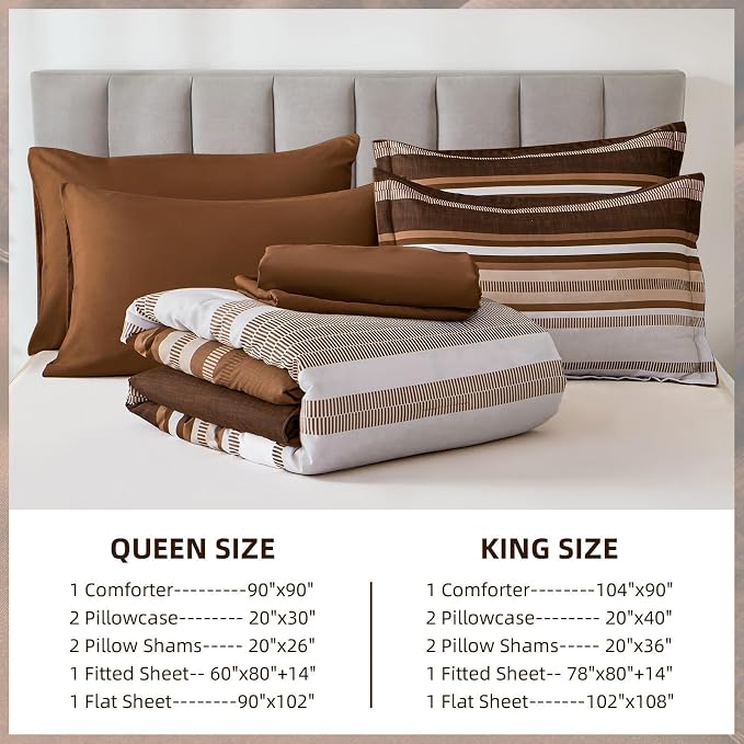 Dobuyly Fall Brown Comforter Queen Size 7 Pieces, Boho Striped Bed in a Bag Set, Soft Microfiber Bedding Set with Comforter, Sheets, Pillowcases & Shams