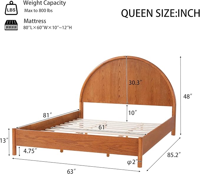 Christopher Knight Home Elsinore Queen Size Bed Frame with Arched Headboard, Modern Wooden Platform Bed, Wood Bed Support and Slats, No Box Spring Needed, Queen Size Beds for Adult, Light Brown