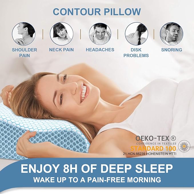 Anvo Memory Foam Pillow, Neck Contour Cervical Orthopedic Bed Pillow for Sleeping Side Back Stomach Sleeper, Ergonomic Design for Neck and Shoulder Pain Relief, Cyan, Firm