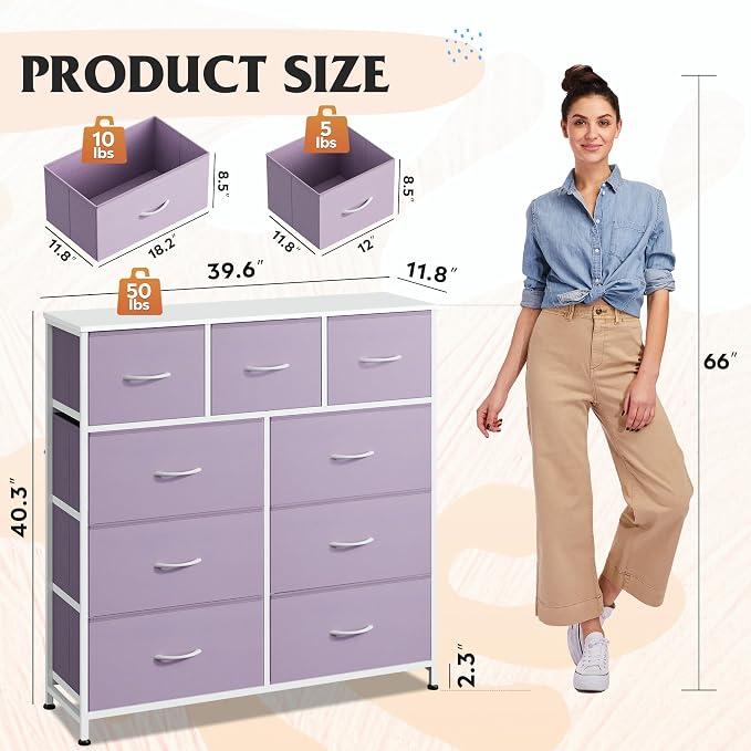 WLIVE Tall Dresser for Bedroom, 9 Drawer Chest of Drawers, Purple | 9 roomy fabric drawers, Tall storage design, Bedroom or closet use, Sturdy steel frame, Smooth wood tabletop