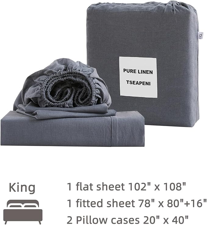 100% Linen Sheets Set King Size, Natural Pure Flax 4 Piece Bed Sets, 16" Deep Pocket, Breathable Cooling Bed Soft Durable Bedding, Machine Washable (Gray,King)