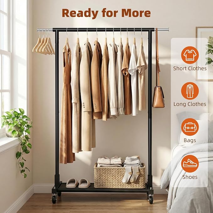 Luxspire 350LBS Heavy Duty Clothes Rack Black Rolling Garment Rack, Black | Rustproof iron frame, extendable hanging rod, oxford bottom storage, lockable casters for bedroom laundry balcony