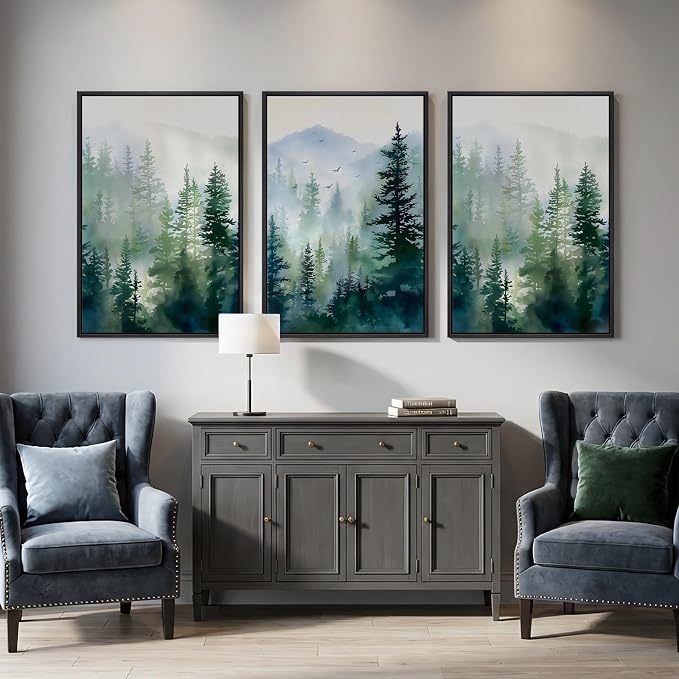 Large Framed Green Forest Landscape Living Room Wall Art, 3 Piece, 24x36 In | Nature, Scenic, Pine tree, Foggy, Watercolor, Modern, Bedroom decor, Dining room, Hallway, Home office, Canvas artwork