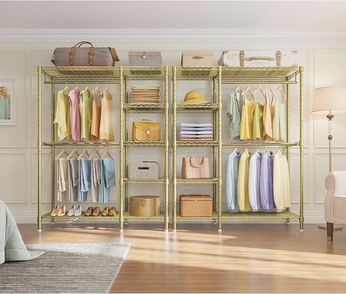 VIPEK V7 Garment Rack with Shelves Portable Closet for Hanging Clothes | 5 Tiers Adjustable Wire Shelving, Double Hanging Rods, 670lbs Metal Closet System, Space-Saving Storage for Apartment,Gold