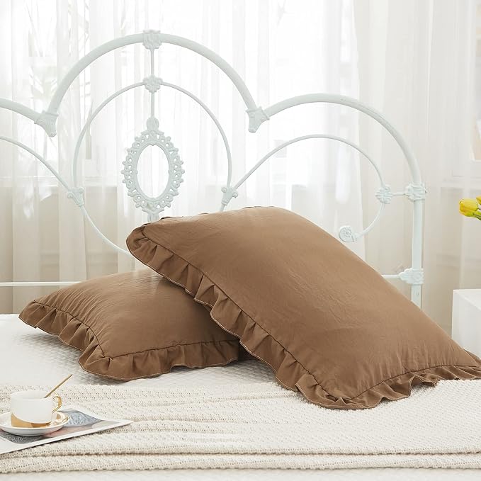 Brown Pillow Shams Coffee Brown Ruffle Queen Pillowcases Cute Pillow Cover Set of 2 Shabby Chic Soft Pillowcases 2 Pack (Queen (20''x30'')