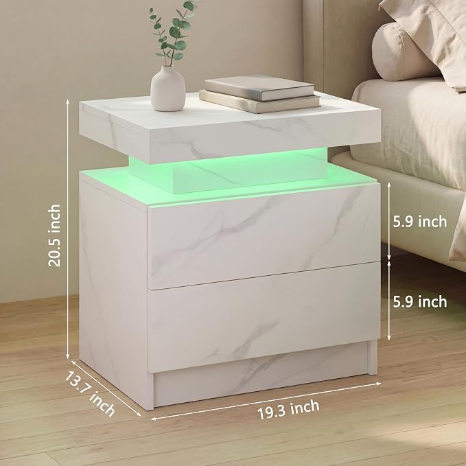 i-aplus White Modern LED Nightstand Set of 2 with 2 Wood Drawer for Bedroom | Nightstands with App-Controlled RGB LED Lights, Night Stand with Storgae Drawer, Modern Bedside Table for Bedroom