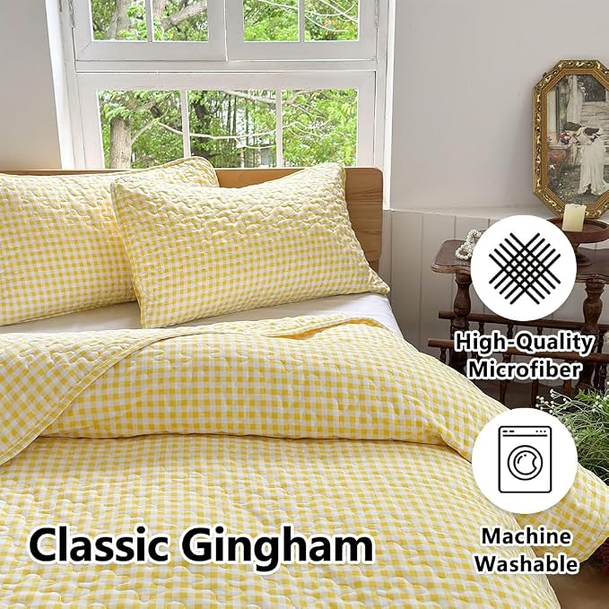 NSNLGSGC Yellow Gingham King Summer Bedspread Quilt Set | Pre-washed Microfiber,Lightweight Checked Grid Bedding Coverlets for All Seasons
