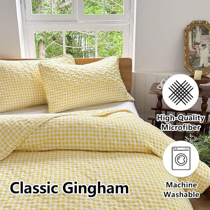 NSNLGSGC Yellow Gingham Queen Summer Bedspread Quilt Set | Pre-washed Microfiber,Lightweight Checked Grid Bedding Coverlets for All Seasons