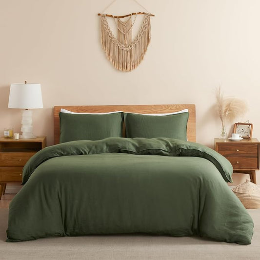 DAPU 100% French Linen Duvet Cover 3Pcs Set, 170GSM Linen Bedding, King | Soft Breathable All-Season for Hot sleepers, Corner Ties & Zipper Closure, French Linen Flax from Normandy, Olive Green
