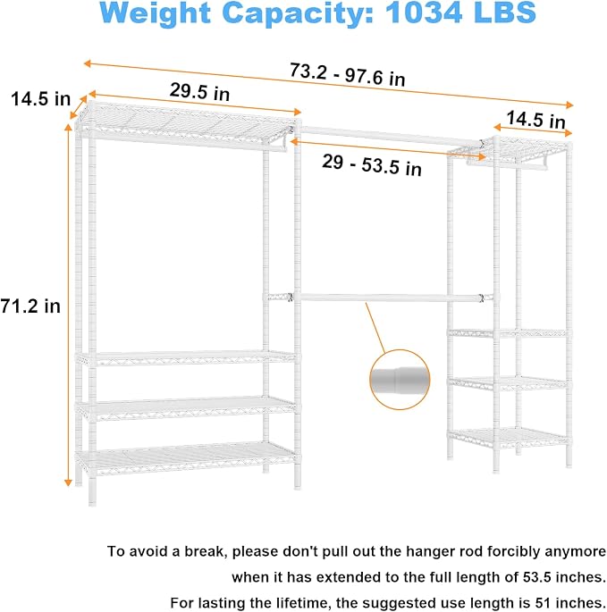 Ulif E11 Heavy-Duty Garment Rack, Metal Clothes Rack, Load 1034lbs, White | Freestanding Expandable Closet Storage Organizer System with 8 Shelves and 4 Hanger Rods, (73.2-97.6)"W x 14.5"D x 71.2"H