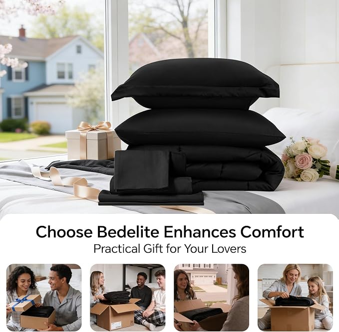BEDELITE King Comforter Set 7 Pieces, Solid Black Bed in A Bag | Soft All Season Down-Alternative Comforter, Sheets, Pillowcases & Shams, OEKO-TEX Certified Bedding for Bedrrom, Guest Room