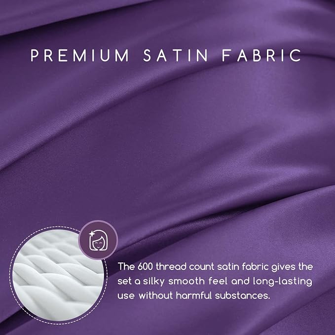 MR&HM Satin Sheets Queen Size with Elastic Corner Straps, Lavender | Similar to Silk, 6-Piece Silky Soft Bed Sheet Set, Gentle on Skin and Hair, 15" Deep Pocket, Cooling & Breathable