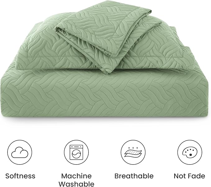 Love's cabin King Size Quilt Bedding Set Sage Bedspreads - Bed Summer Lightweight Bedspread Comforter - Wave Pattern Bedding Coverlet for All Season - 3 Pieces (1 Quilt, 2 Pillow Shams)