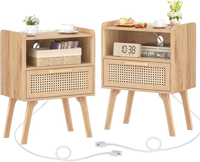 Lerliuo Rattan Nightstands Set of 2 with Charging Station, Boho Night Stand | Handmade Natural Rattan Drawer and Open Shelf, Side End Tables with Solid Wood Legs for Bedroom, Dorm, Small Spaces