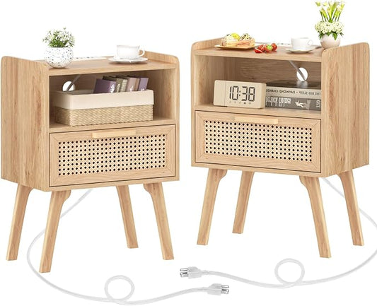 Lerliuo Rattan Nightstands Set of 2 with Charging Station, Boho Night Stand | Handmade Natural Rattan Drawer and Open Shelf, Side End Tables with Solid Wood Legs for Bedroom, Dorm, Small Spaces