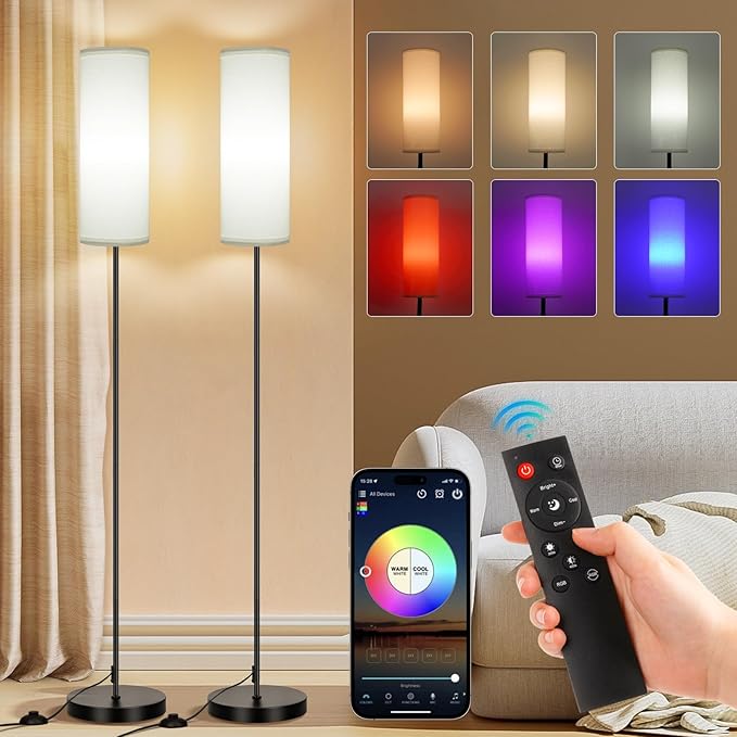 FRIDEKO HOME 2 Pack Floor Lamps for Living Room, 9W 800LM Bulbs White Shade | Music Sync Light, App & Remote Control, Dimmable & Adjustable Color Temperature Standing Lamp for Living Room Bedroom Gaming