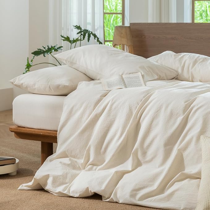 MooMee Striped Duvet Cover Set 100% Washed Cotton Linen Like Full | Relaxed Linen-like Texture. Soft, Breathable & Long-lasting Comfort. Lightweight. Hidden Zipper with 8 Interior Corner Ties