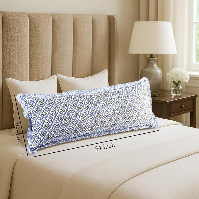 Ridhi Block Print Light Steel Blue Ruffle Lumbar Pillow Shams, 54" x 20" | 100% cotton, Floral Pillowcase, Cushion Cover, Hidden Zipper, Cottagecore Bedding, farmhouse boho style, fits couch, sofa,Bed