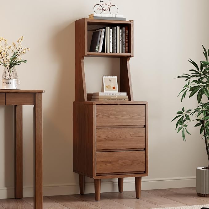 Solid Wood Bookshelf Nightstand Combo, Tall Nightstand with Bookshelf | Walnut Nightstand Bookshelf,Narrow Nightstand with Drawers,Open Shelf Bookcase,for Bedroom,Living Room,Offices