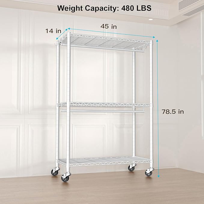 FUTASSI Rolling Clothes Rack, Clothing Racks for Hanging Clothes, White | P3 Plus Heavy Duty Garment Rack with Wheels, Freestanding Portable Closet Racks 45" W x 14" D x 78.5" H, Max Load 480 LBS