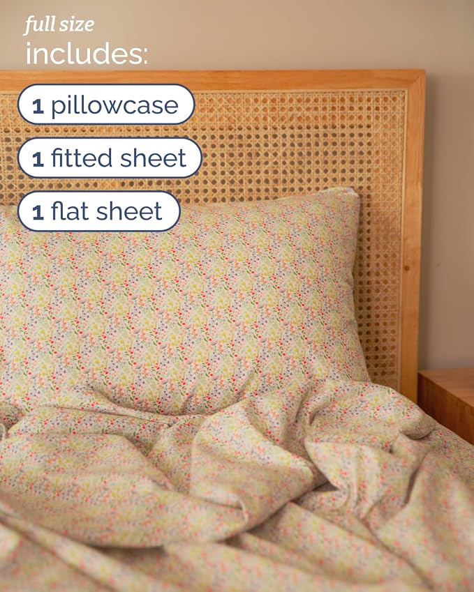 Full 4 Piece Floral Sheet Set - Soft, Breathable & Cooling - Rosebud Sprigs | 1 Flat, 1 Fitted & 2 Pillowcases w/ Deep Pockets, Boho Botanical Floral Bedding, Breathable & Cooling, Wrinkle & Fade Free