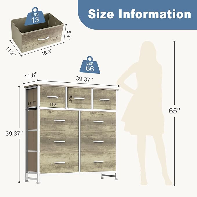 DUMOS 9 Drawer Dresser for Bedroom, Storage Organizer Chest of Drawers | Fabric Bins Storage Tower with Sturdy Metal Frame, Wood Tabletop for Closet, Oak