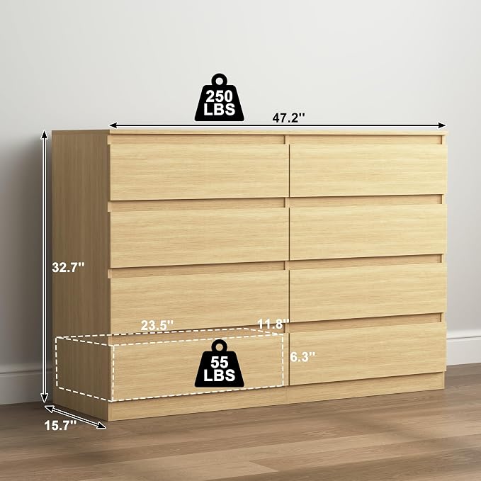 Vibe & Dine 8 Drawer Double Dresser, Modern Chest of Drawers with Wide Storage for Closet, Bedroom, Living Room, Natural Wood