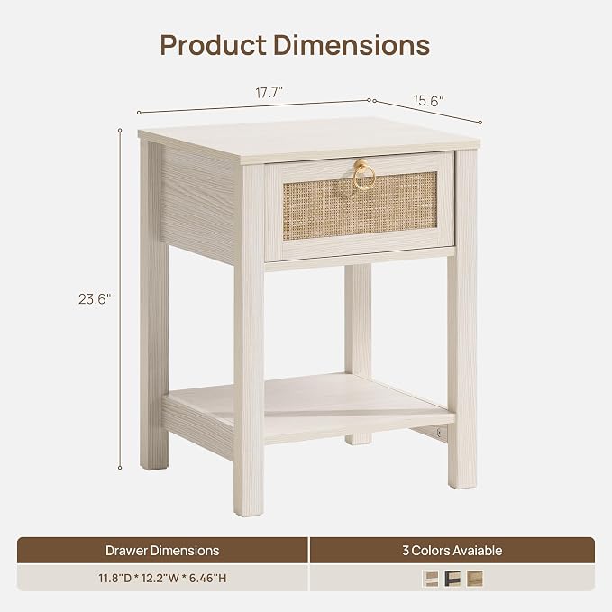 SICOTAS White Rattan Nightstand Set of 2 with Storage Shelf, Bedside Tables | Night Stand Set of 2 with Rattan Drawer, Boho End Tables with Storage for Bedroom, Guest Room, Apartment, and Small Spaces