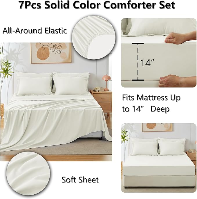 Queen Comforter Set Ivory, 7 Pieces Bed in a Bag | OEKO-TEX Certified, All-Season, Bedroom, 240GSM Down Alternative Comforter, Flat & Fitted Sheets, 2 Pillowcases & 2 Shams