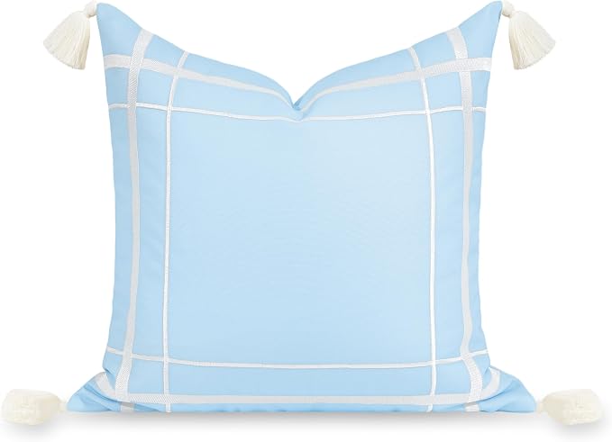 Hofdeco Premium Coastal Patio Indoor Outdoor Throw Pillow Cover Only, 20"x20" Water Repellent for Backyard, Couch, Baby Blue Embroidered Line Frame